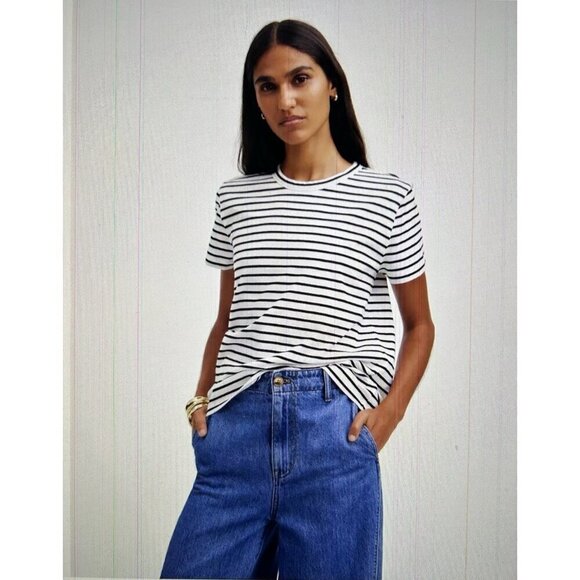 Madewell Tops - Madewell Womens Cotton Perfect Striped Crewneck Tee in White/Black NS582